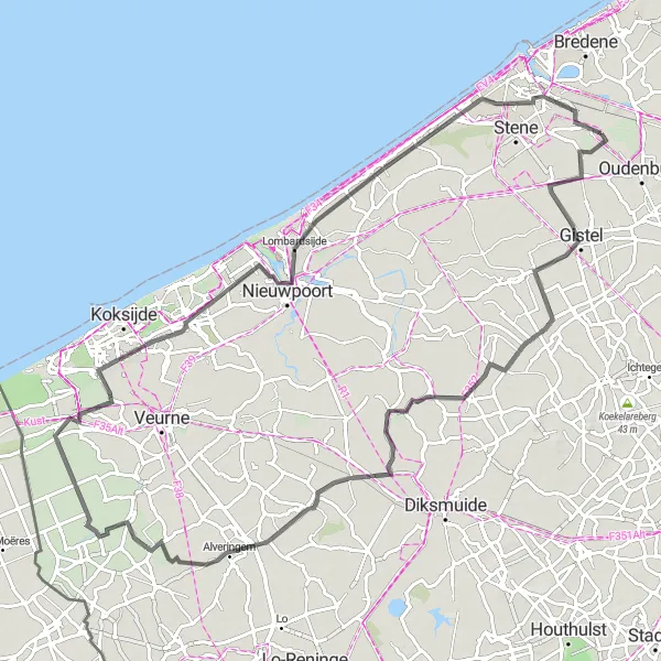 Karten-Miniaturansicht der Radinspiration "Straßenroute durch West-Flandern" in Prov. West-Vlaanderen, Belgium. Erstellt vom Tarmacs.app-Routenplaner für Radtouren
