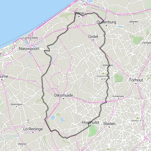Miniatuurkaart van de fietsinspiratie "Fietsen door West-Vlaanderen" in Prov. West-Vlaanderen, Belgium. Gemaakt door de Tarmacs.app fietsrouteplanner