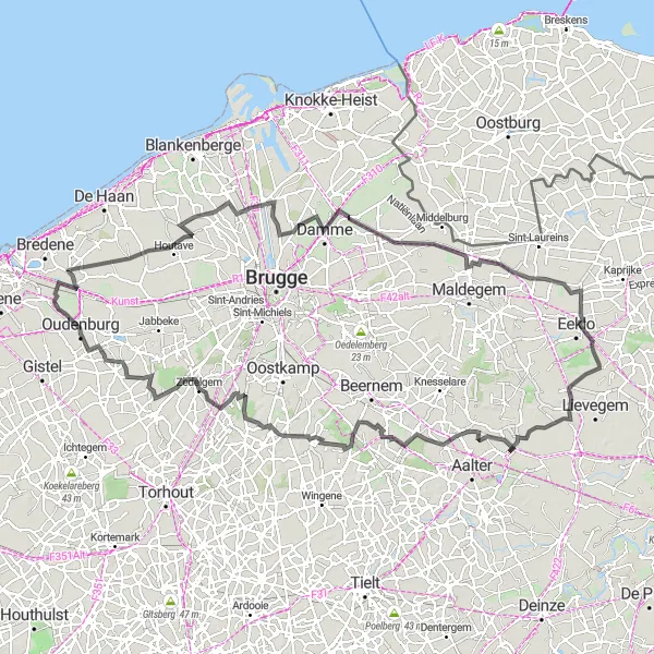 Map miniature of "The Challenging Road Adventure" cycling inspiration in Prov. West-Vlaanderen, Belgium. Generated by Tarmacs.app cycling route planner