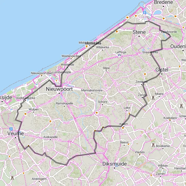 Map miniature of "The Coastal Loop" cycling inspiration in Prov. West-Vlaanderen, Belgium. Generated by Tarmacs.app cycling route planner