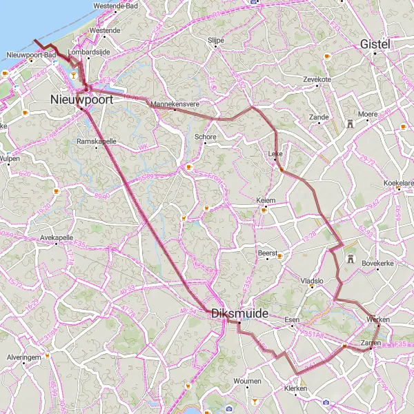 Map miniature of "Coastal Gravel Tour" cycling inspiration in Prov. West-Vlaanderen, Belgium. Generated by Tarmacs.app cycling route planner