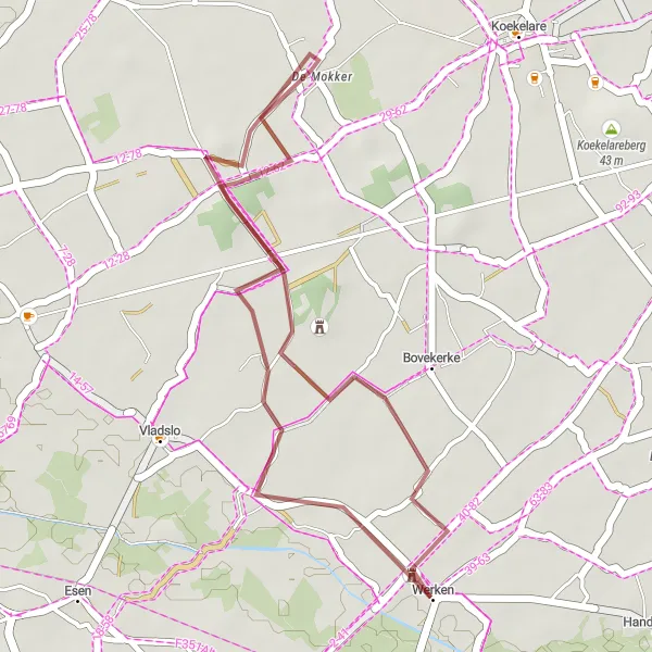 Miniatuurkaart van de fietsinspiratie "Gravelroute rond Werken" in Prov. West-Vlaanderen, Belgium. Gemaakt door de Tarmacs.app fietsrouteplanner