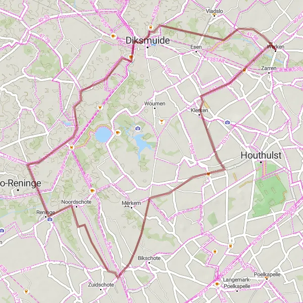 Karten-Miniaturansicht der Radinspiration "Abenteuerliche Schotterrunde durch die Natur" in Prov. West-Vlaanderen, Belgium. Erstellt vom Tarmacs.app-Routenplaner für Radtouren