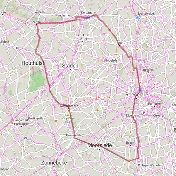 Miniature de la carte de l'inspiration cycliste "Route pittoresque autour de Roeselare" dans la Prov. West-Vlaanderen, Belgium. Générée par le planificateur d'itinéraire cycliste Tarmacs.app