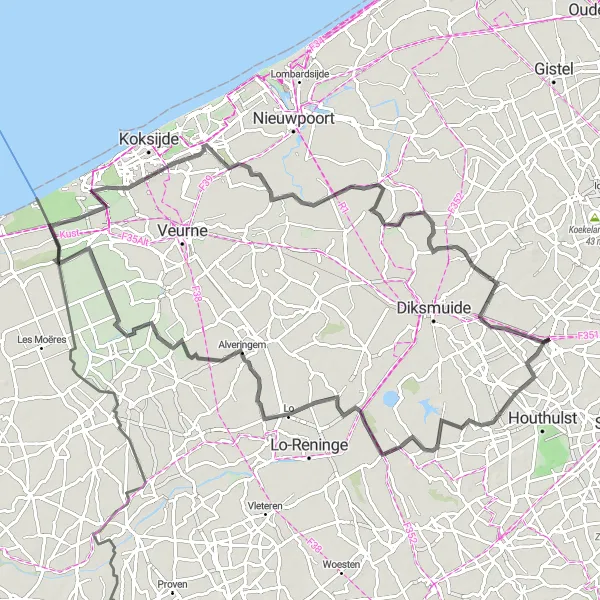 Karten-Miniaturansicht der Radinspiration "Historische Radtour durch die Region" in Prov. West-Vlaanderen, Belgium. Erstellt vom Tarmacs.app-Routenplaner für Radtouren