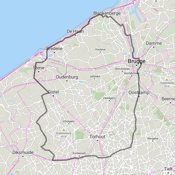 Miniatuurkaart van de fietsinspiratie "Roadtrip langs de kust" in Prov. West-Vlaanderen, Belgium. Gemaakt door de Tarmacs.app fietsrouteplanner