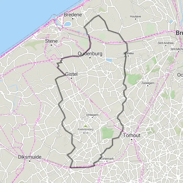 Map miniature of "Zarren and Surroundings" cycling inspiration in Prov. West-Vlaanderen, Belgium. Generated by Tarmacs.app cycling route planner