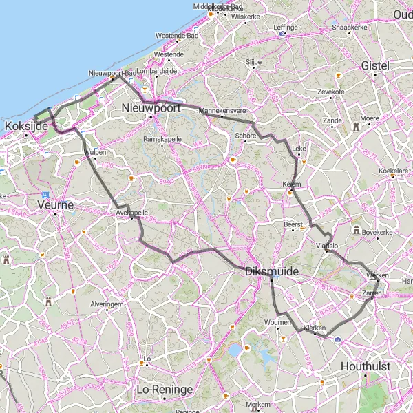 Miniatuurkaart van de fietsinspiratie "Historische route door het Westhoek landschap" in Prov. West-Vlaanderen, Belgium. Gemaakt door de Tarmacs.app fietsrouteplanner