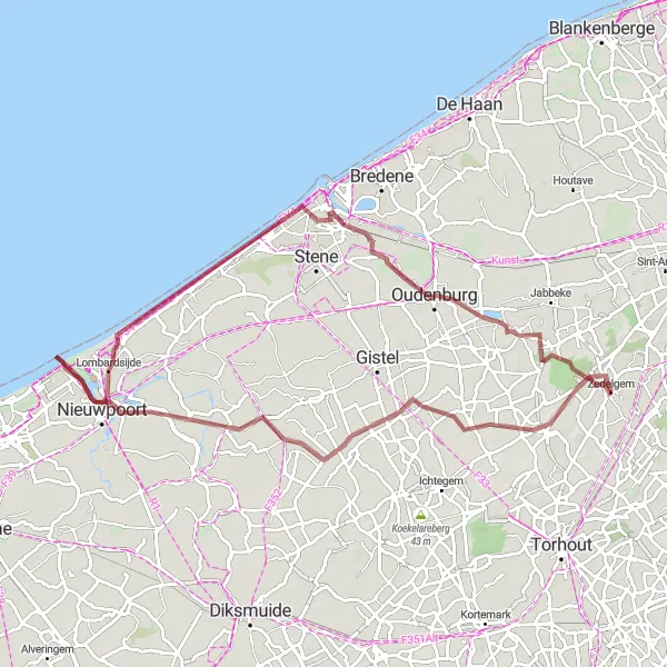 Miniatuurkaart van de fietsinspiratie "Gravelavontuur door Mannekensvere en Zerkegem" in Prov. West-Vlaanderen, Belgium. Gemaakt door de Tarmacs.app fietsrouteplanner