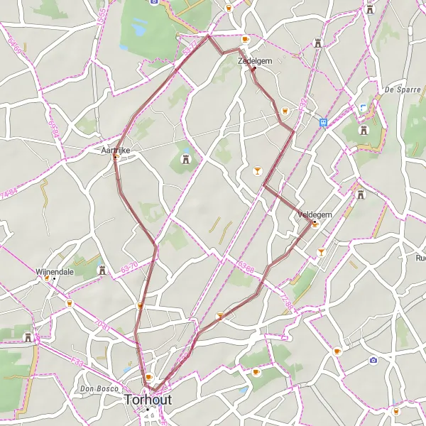 Map miniature of "Hidden Rural Landscapes" cycling inspiration in Prov. West-Vlaanderen, Belgium. Generated by Tarmacs.app cycling route planner