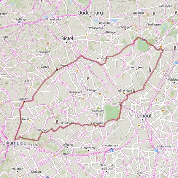 Map miniature of "Charming Castle Routes" cycling inspiration in Prov. West-Vlaanderen, Belgium. Generated by Tarmacs.app cycling route planner