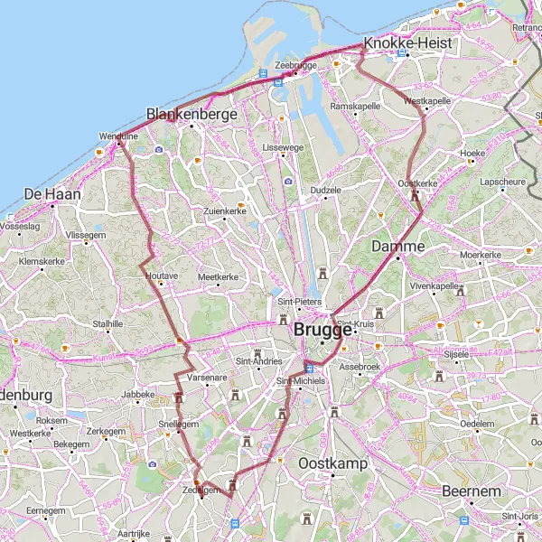Miniature de la carte de l'inspiration cycliste "Découverte côtière de Flandre-Occidentale" dans la Prov. West-Vlaanderen, Belgium. Générée par le planificateur d'itinéraire cycliste Tarmacs.app