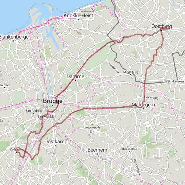 Miniatuurkaart van de fietsinspiratie "Gravelroute naar Damme en Loppem" in Prov. West-Vlaanderen, Belgium. Gemaakt door de Tarmacs.app fietsrouteplanner