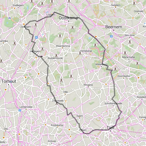 Miniature de la carte de l'inspiration cycliste "Boucle à vélo de 60 km autour de Zedelgem" dans la Prov. West-Vlaanderen, Belgium. Générée par le planificateur d'itinéraire cycliste Tarmacs.app