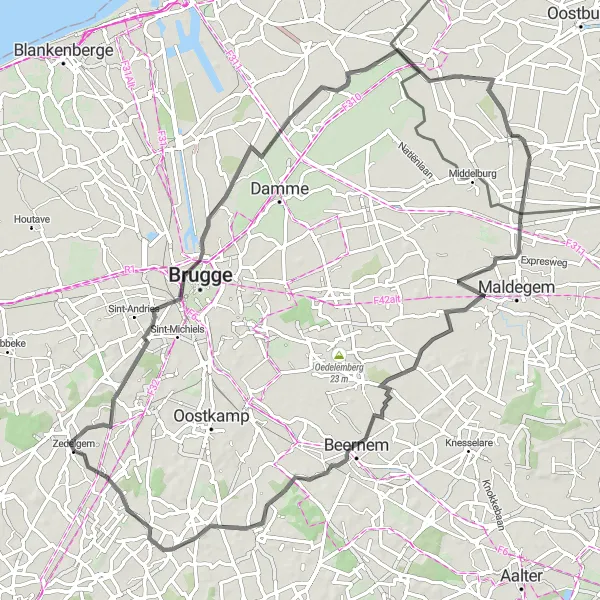 Map miniature of "Bridges and Landmarks" cycling inspiration in Prov. West-Vlaanderen, Belgium. Generated by Tarmacs.app cycling route planner