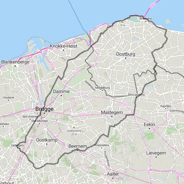 Miniature de la carte de l'inspiration cycliste "Route des châteaux de Flandre-Occidentale" dans la Prov. West-Vlaanderen, Belgium. Générée par le planificateur d'itinéraire cycliste Tarmacs.app