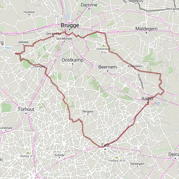 Map miniature of "Zerkegem to Tielt Gravel Route" cycling inspiration in Prov. West-Vlaanderen, Belgium. Generated by Tarmacs.app cycling route planner