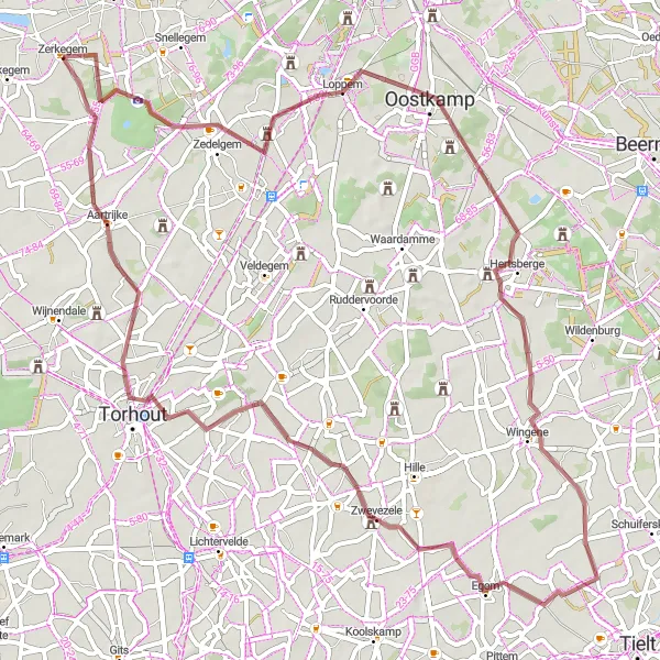 Map miniature of "Zerkegem to Aartrijke Gravel Route" cycling inspiration in Prov. West-Vlaanderen, Belgium. Generated by Tarmacs.app cycling route planner