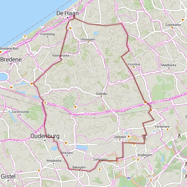 Map miniature of "Zerkegem to Zerkegem Gravel Route" cycling inspiration in Prov. West-Vlaanderen, Belgium. Generated by Tarmacs.app cycling route planner
