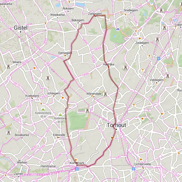 Map miniature of "Aartrijke to Zerkegem Gravel Adventure" cycling inspiration in Prov. West-Vlaanderen, Belgium. Generated by Tarmacs.app cycling route planner