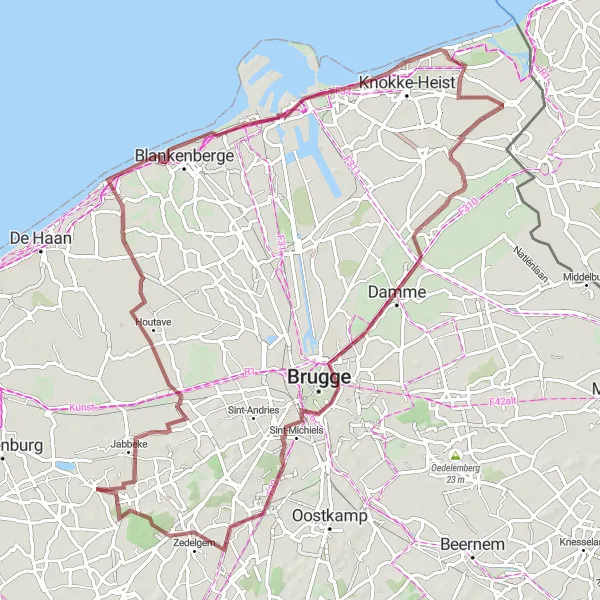 Map miniature of "Zerkegem to Oostkerke Gravel Route" cycling inspiration in Prov. West-Vlaanderen, Belgium. Generated by Tarmacs.app cycling route planner