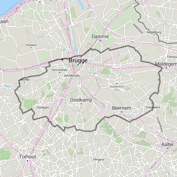 Miniatuurkaart van de fietsinspiratie "Kastelen en Historie Wielrenroute" in Prov. West-Vlaanderen, Belgium. Gemaakt door de Tarmacs.app fietsrouteplanner