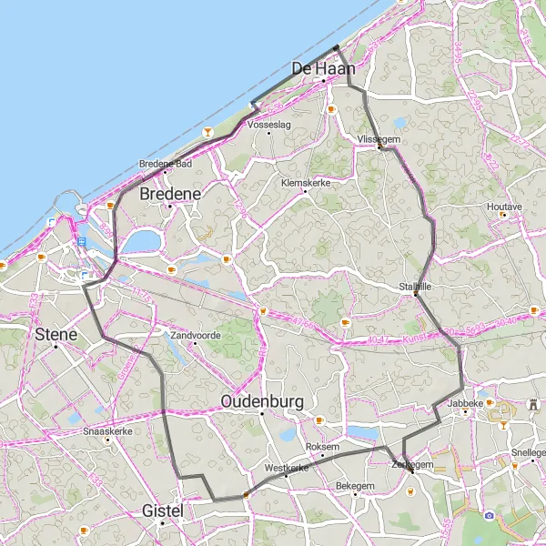 Map miniature of "Westkerke to Zerkegem Scenic Road Trip" cycling inspiration in Prov. West-Vlaanderen, Belgium. Generated by Tarmacs.app cycling route planner