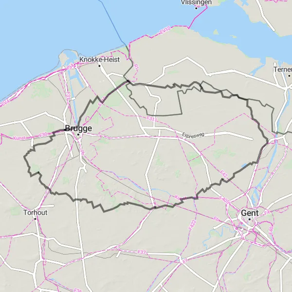 Miniatuurkaart van de fietsinspiratie "Kasteel Ruddershove en Assenede Route" in Prov. West-Vlaanderen, Belgium. Gemaakt door de Tarmacs.app fietsrouteplanner