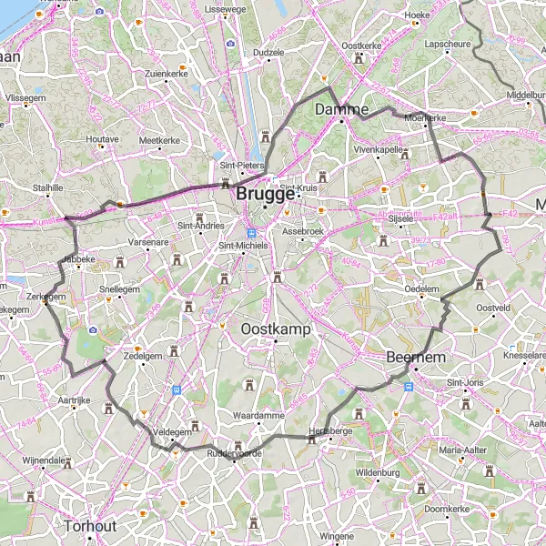 Map miniature of "Ruddershove to Zerkegem Scenic Road Trip" cycling inspiration in Prov. West-Vlaanderen, Belgium. Generated by Tarmacs.app cycling route planner