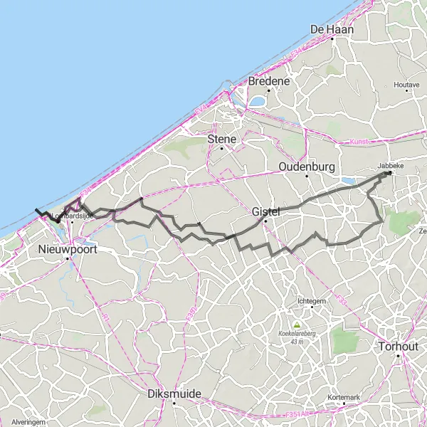 Miniatuurkaart van de fietsinspiratie "Zerkegem naar Westkerke en terug" in Prov. West-Vlaanderen, Belgium. Gemaakt door de Tarmacs.app fietsrouteplanner