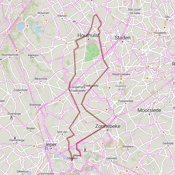 Map miniature of "The Gravel Loop Around Zillebeke" cycling inspiration in Prov. West-Vlaanderen, Belgium. Generated by Tarmacs.app cycling route planner