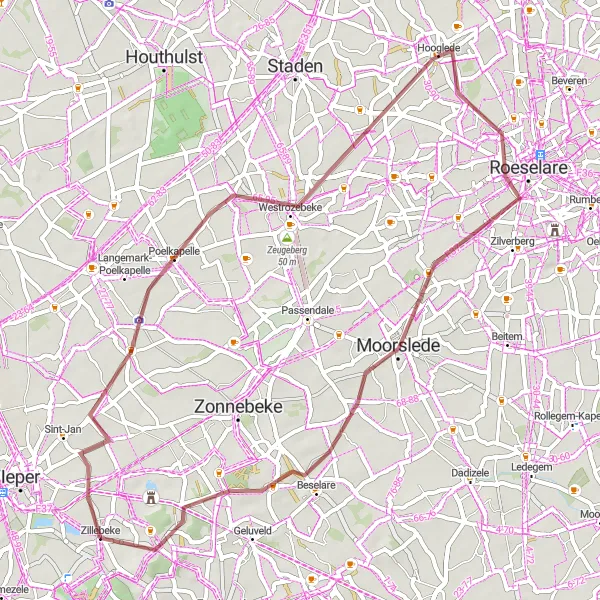 Miniature de la carte de l'inspiration cycliste "Exploration des sentiers gravel autour de Zillebeke" dans la Prov. West-Vlaanderen, Belgium. Générée par le planificateur d'itinéraire cycliste Tarmacs.app