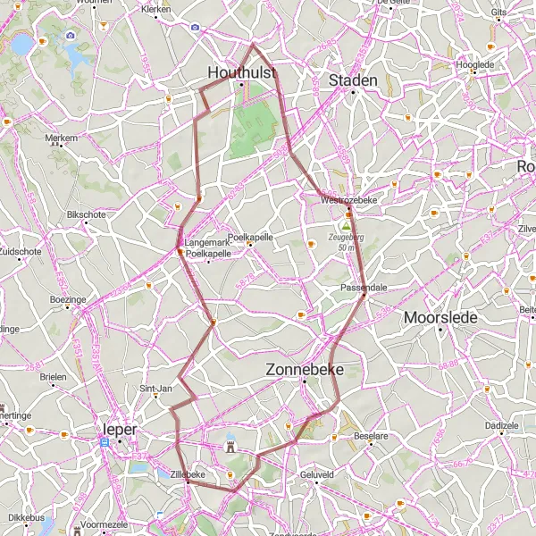 Karten-Miniaturansicht der Radinspiration "Abenteuerliche Graveltour um Zillebeke" in Prov. West-Vlaanderen, Belgium. Erstellt vom Tarmacs.app-Routenplaner für Radtouren