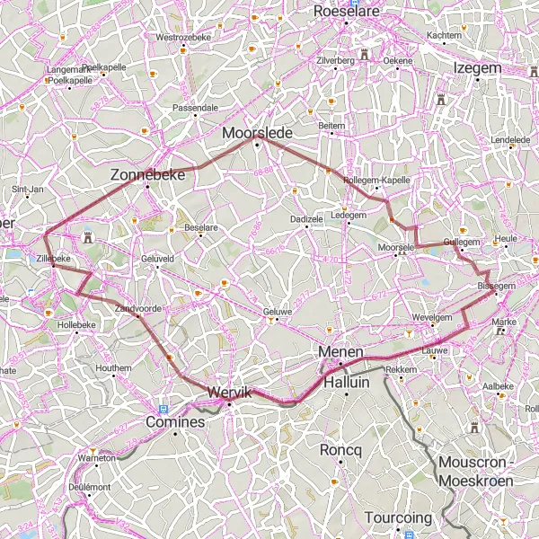 Map miniature of "The Gravel Adventure in West-Vlaanderen" cycling inspiration in Prov. West-Vlaanderen, Belgium. Generated by Tarmacs.app cycling route planner