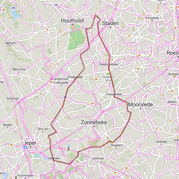 Miniature de la carte de l'inspiration cycliste "Parcours pittoresque de Vijfwegen" dans la Prov. West-Vlaanderen, Belgium. Générée par le planificateur d'itinéraire cycliste Tarmacs.app