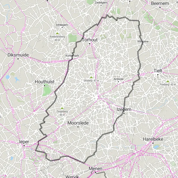 Map miniature of "The Flanders Fields Loop" cycling inspiration in Prov. West-Vlaanderen, Belgium. Generated by Tarmacs.app cycling route planner