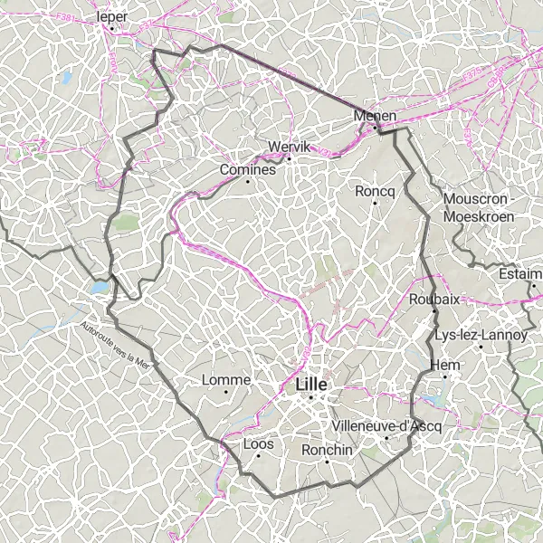Miniatuurkaart van de fietsinspiratie "Historische route naar Armentières" in Prov. West-Vlaanderen, Belgium. Gemaakt door de Tarmacs.app fietsrouteplanner
