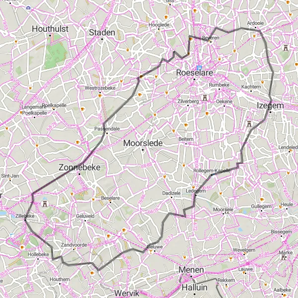 Karten-Miniaturansicht der Radinspiration "Rund um Passchendaele" in Prov. West-Vlaanderen, Belgium. Erstellt vom Tarmacs.app-Routenplaner für Radtouren