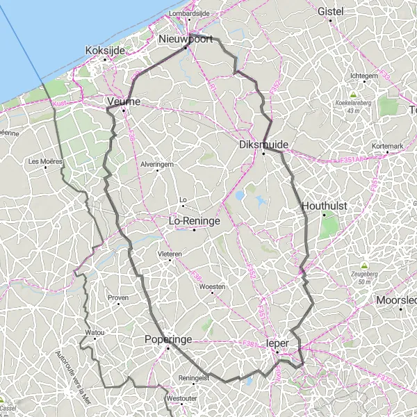 Map miniature of "The Road Adventure in West-Vlaanderen" cycling inspiration in Prov. West-Vlaanderen, Belgium. Generated by Tarmacs.app cycling route planner