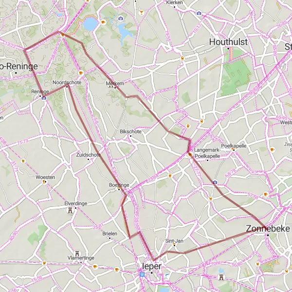 Map miniature of "The Gravel Trail Through Zonnebeke" cycling inspiration in Prov. West-Vlaanderen, Belgium. Generated by Tarmacs.app cycling route planner