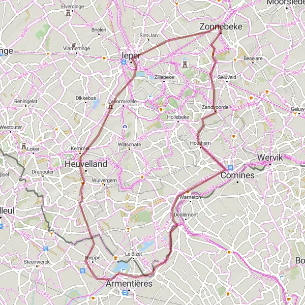 Karten-Miniaturansicht der Radinspiration "Rund um Zonnebeke entlang der Grenze" in Prov. West-Vlaanderen, Belgium. Erstellt vom Tarmacs.app-Routenplaner für Radtouren