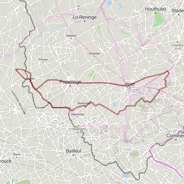 Map miniature of "The Ypres Gravel Loop" cycling inspiration in Prov. West-Vlaanderen, Belgium. Generated by Tarmacs.app cycling route planner