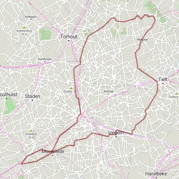 Miniatuurkaart van de fietsinspiratie "Gravelroute Zonnebeke en omgeving" in Prov. West-Vlaanderen, Belgium. Gemaakt door de Tarmacs.app fietsrouteplanner