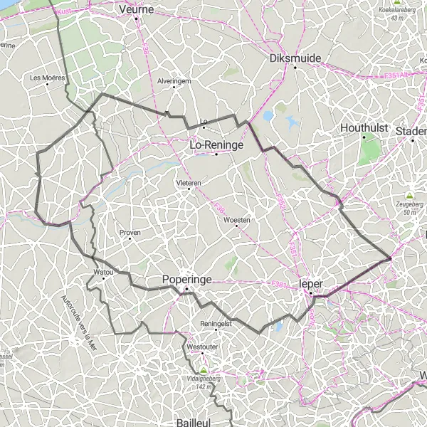 Miniatuurkaart van de fietsinspiratie "Wegfietsroute naar Houtkerque" in Prov. West-Vlaanderen, Belgium. Gemaakt door de Tarmacs.app fietsrouteplanner