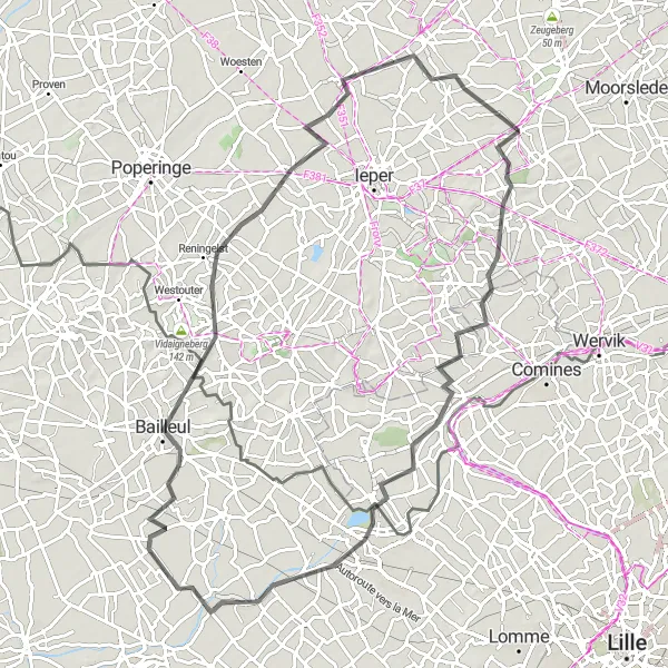 Karten-Miniaturansicht der Radinspiration "Straßenroute durch Armentières und Vlamertinge" in Prov. West-Vlaanderen, Belgium. Erstellt vom Tarmacs.app-Routenplaner für Radtouren