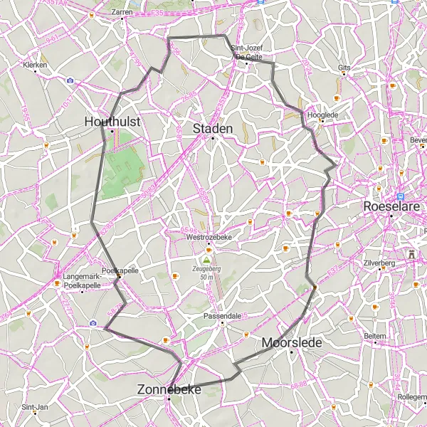 Karten-Miniaturansicht der Radinspiration "Zonnebeke und Umgebung" in Prov. West-Vlaanderen, Belgium. Erstellt vom Tarmacs.app-Routenplaner für Radtouren