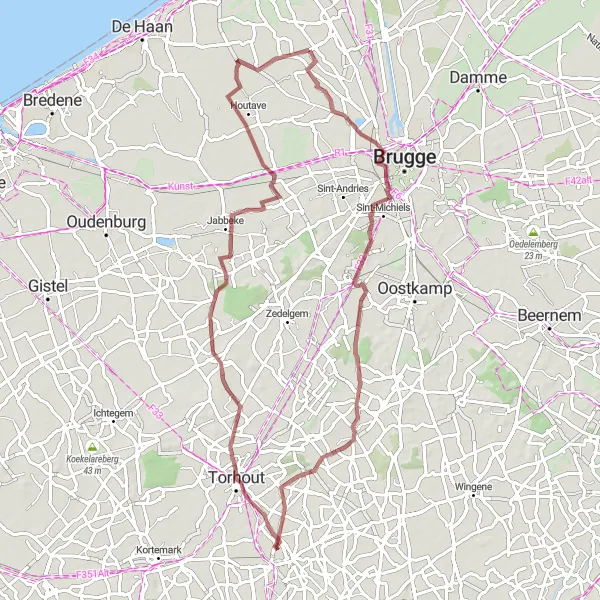 Map miniature of "Houtave to Aartrijke" cycling inspiration in Prov. West-Vlaanderen, Belgium. Generated by Tarmacs.app cycling route planner