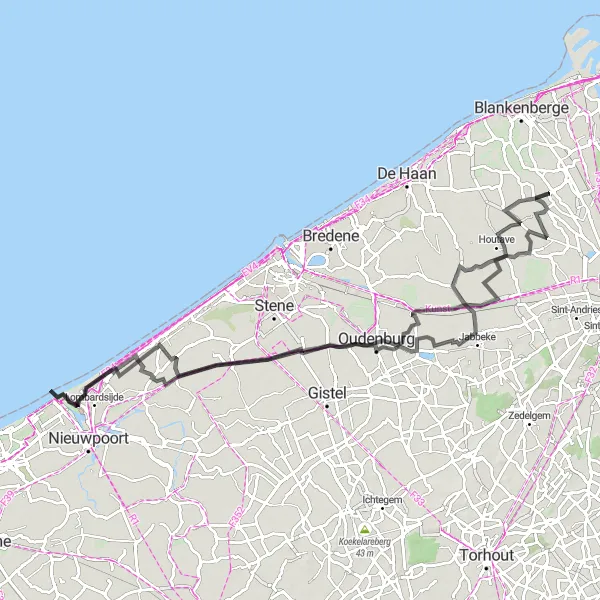 Karten-Miniaturansicht der Radinspiration "Küstenroute entlang der Nordsee" in Prov. West-Vlaanderen, Belgium. Erstellt vom Tarmacs.app-Routenplaner für Radtouren