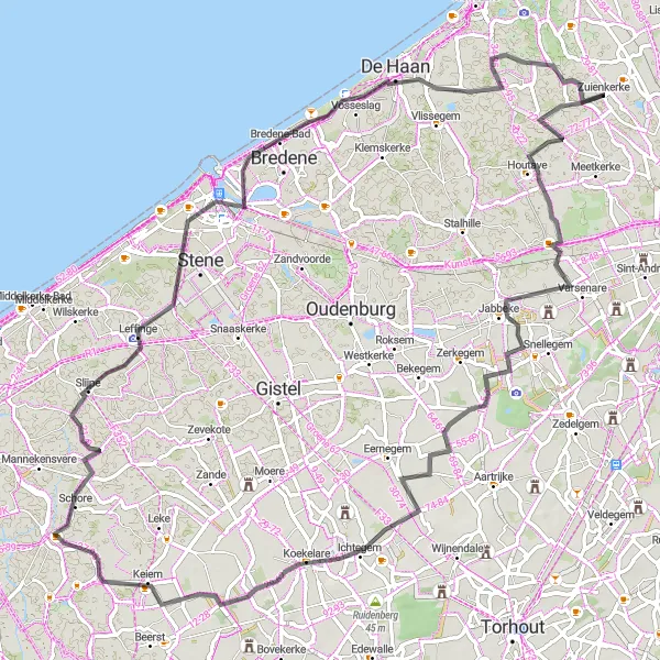 Map miniature of "The Coastal Adventure" cycling inspiration in Prov. West-Vlaanderen, Belgium. Generated by Tarmacs.app cycling route planner