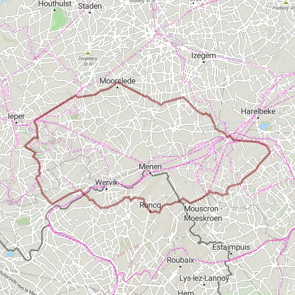 Karten-Miniaturansicht der Radinspiration "Rundfahrt von Zwevegem nach Kortrijk und zurück" in Prov. West-Vlaanderen, Belgium. Erstellt vom Tarmacs.app-Routenplaner für Radtouren